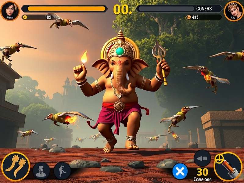 Elephant God S Trial gameplay screenshot showing Ganesha in a mythical battle